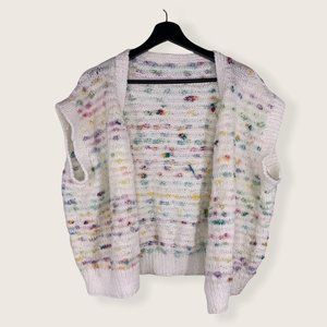 Vintage 80s Handmade Boucle Knit Short Sleeve Open Front Cardigan Medium